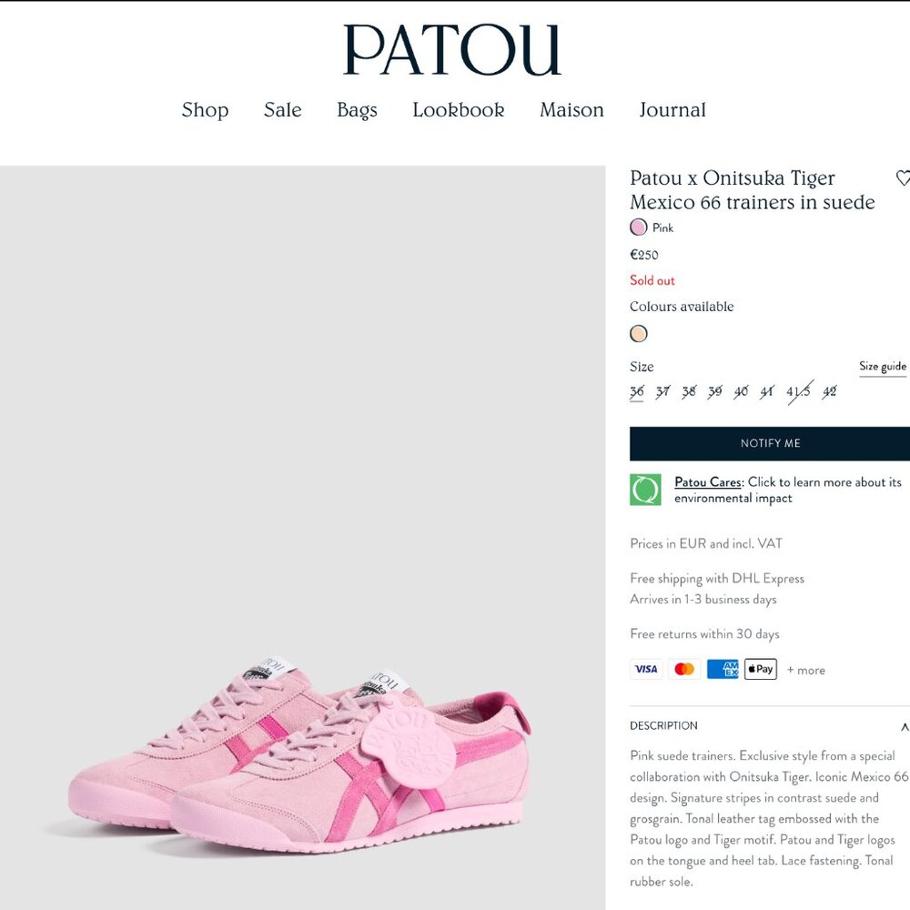 ONITSUKA TIGER x PATOU size 40.5 PINK never worn